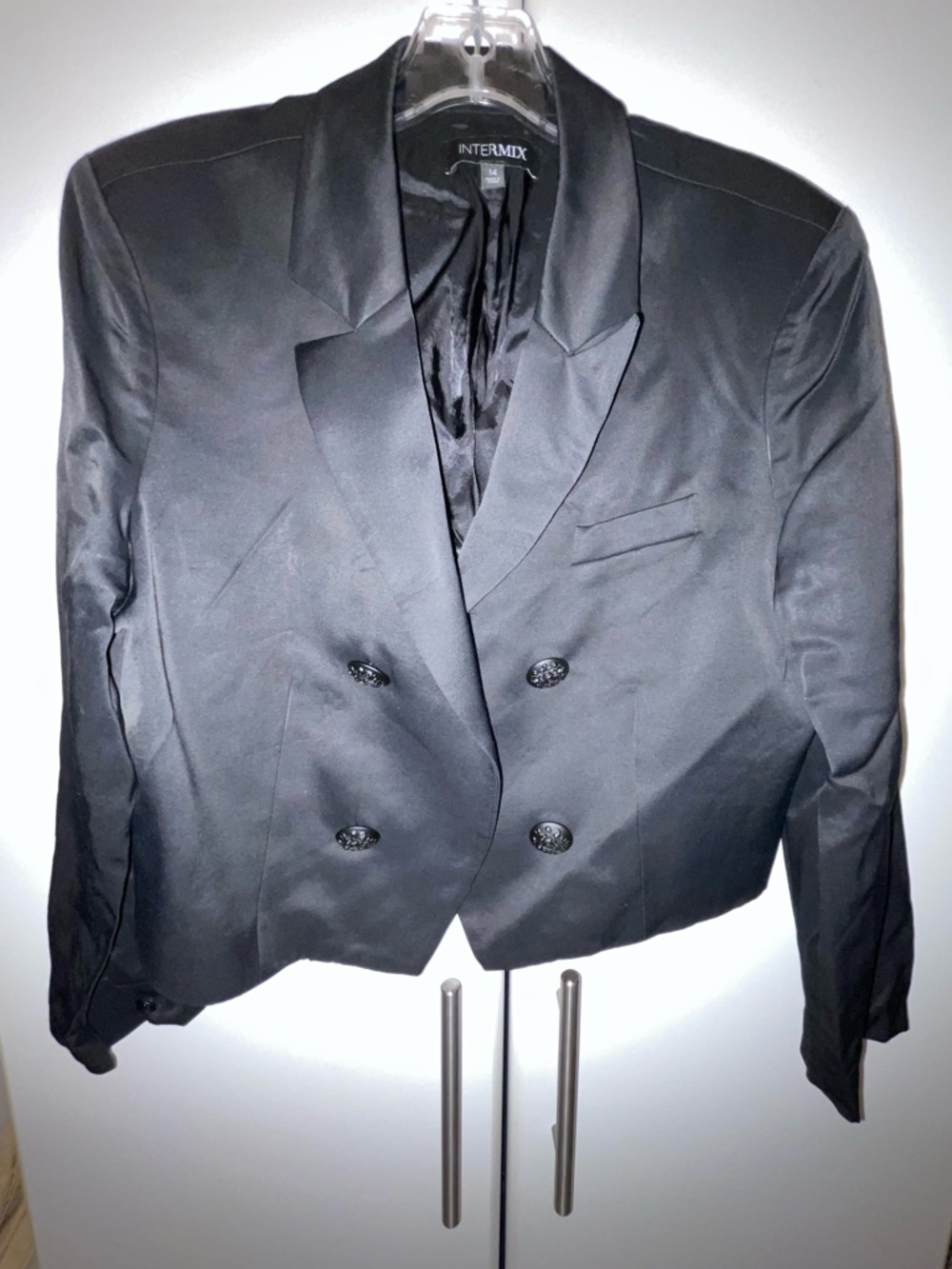 INTERMIX Black Cropped Double-Breasted Satin Blazer